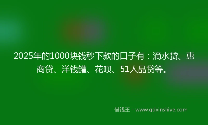 2025年的1000块钱秒下款的口子有：滴水贷、惠商贷、洋钱罐、花呗、51人品贷等。