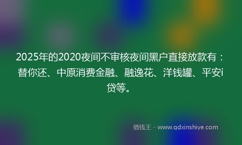 2025年的2020夜间不审核夜间黑户直接放款有：替你还、中原消费金融、融逸花、洋钱罐、平安i贷等。