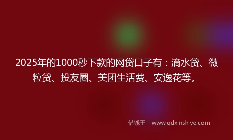 2025年的1000秒下款的网贷口子有：滴水贷、微粒贷、投友圈、美团生活费、安逸花等。