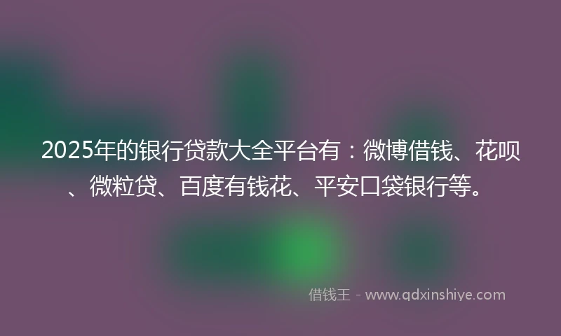 2025年的银行贷款大全平台有：微博借钱、花呗、微粒贷、百度有钱花、平安口袋银行等。