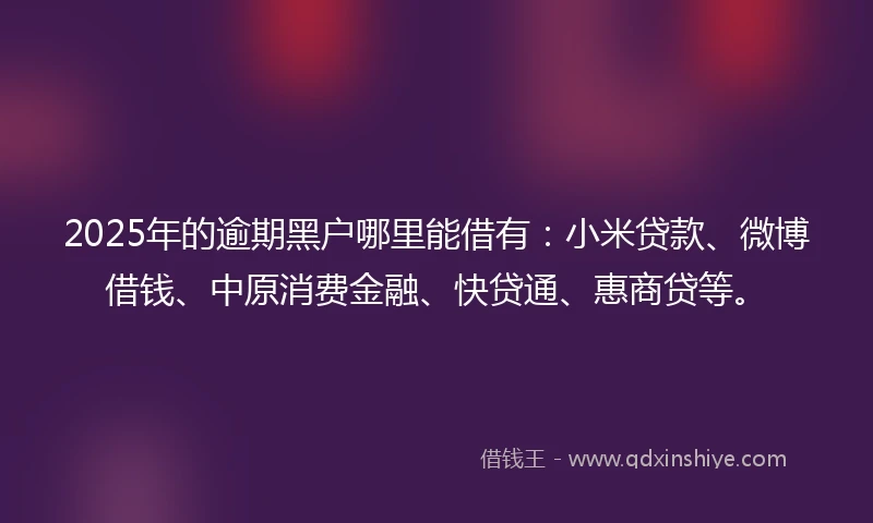 2025年的逾期黑户哪里能借有：小米贷款、微博借钱、中原消费金融、快贷通、惠商贷等。