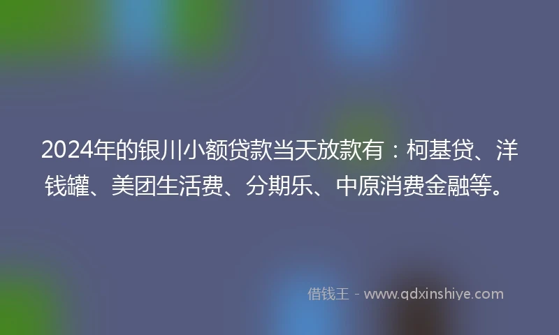 2024年的银川小额贷款当天放款有：柯基贷、洋钱罐、美团生活费、分期乐、中原消费金融等。