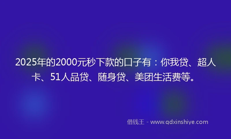 2025年的2000元秒下款的口子有：你我贷、超人卡、51人品贷、随身贷、美团生活费等。
