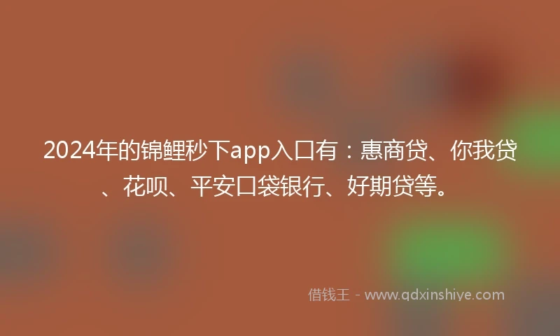 2024年的锦鲤秒下app入口有：惠商贷、你我贷、花呗、平安口袋银行、好期贷等。