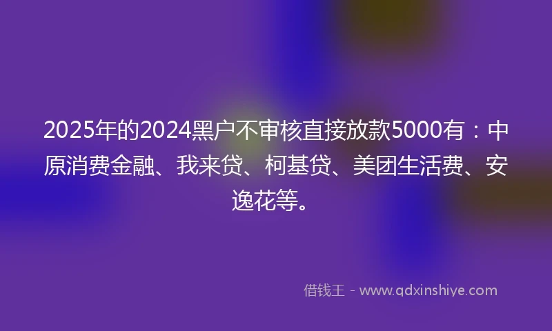 2025年的2024黑户不审核直接放款5000有：中原消费金融、我来贷、柯基贷、美团生活费、安逸花等。
