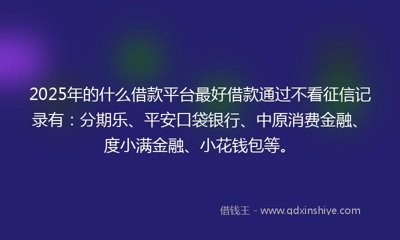 2025年的什么借款平台最好借款通过不看征信记录有：分期乐、平安口袋银行、中原消费金融、度小满金融、小花钱包等。