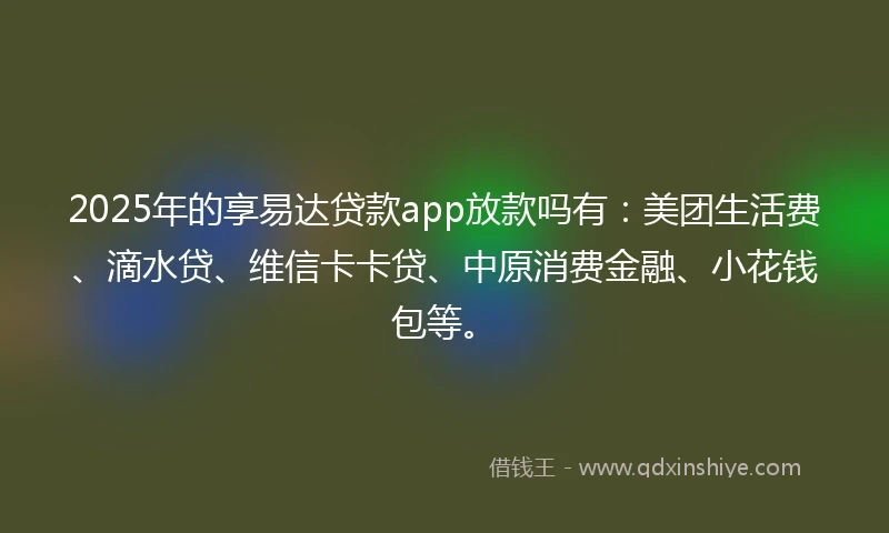 2025年的享易达贷款app放款吗有:美团生活费、滴水贷、维信卡卡贷、中原消费金融、小花钱包等。