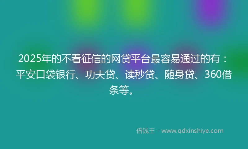 2025年的不看征信的网贷平台最容易通过的有：平安口袋银行、功夫贷、读秒贷、随身贷、360借条等。