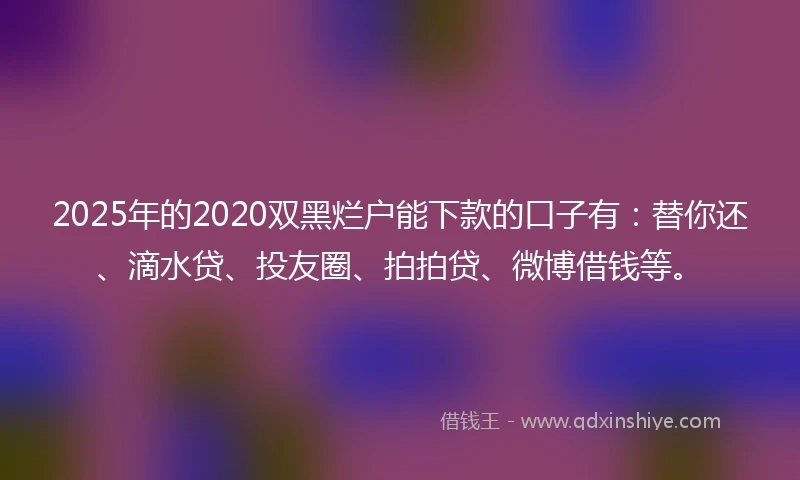 2025年的2020双黑烂户能下款的口子有：替你还、滴水贷、投友圈、拍拍贷、微博借钱等。