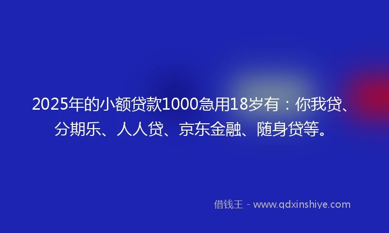 2025年的小额贷款1000急用18岁有：你我贷、分期乐、人人贷、京东金融、随身贷等。