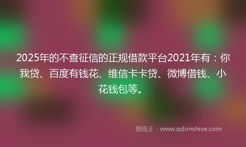2025年的不查征信的正规借款平台2021年有：你我贷、百度有钱花、维信卡卡贷、微博借钱、小花钱包等。