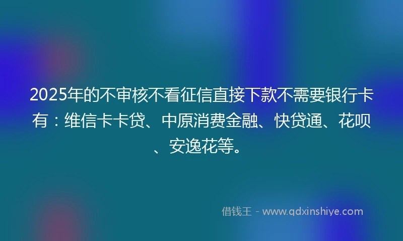 2025年的不审核不看征信直接下款不需要银行卡有：维信卡卡贷、中原消费金融、快贷通、花呗、安逸花等。