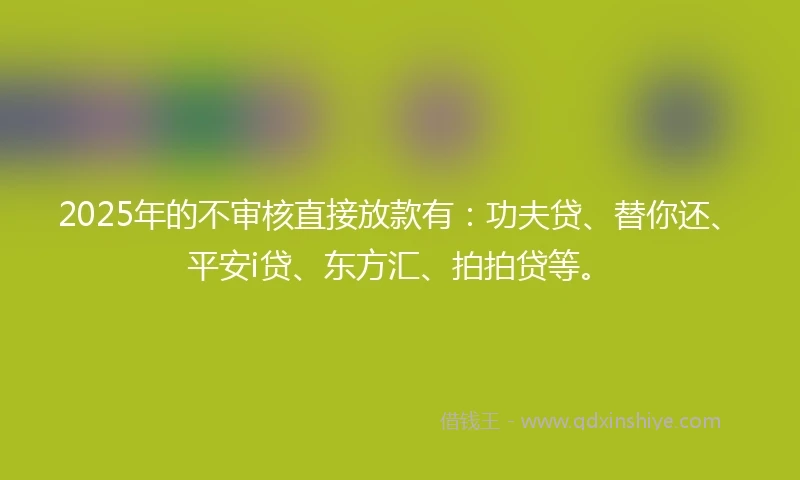 2025年的不审核直接放款有：功夫贷、替你还、平安i贷、东方汇、拍拍贷等。