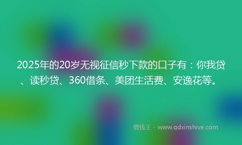 2025年的20岁无视征信秒下款的口子有：你我贷、读秒贷、360借条、美团生活费、安逸花等。