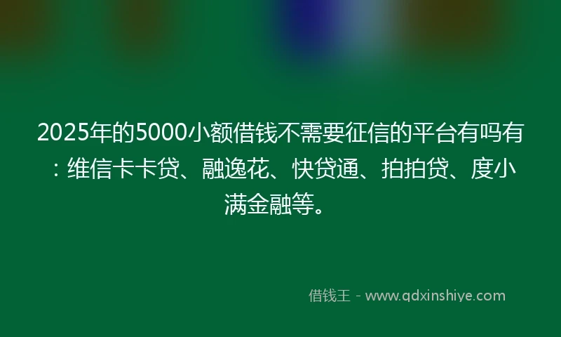 2025年的5000小额借钱不需要征信的平台有吗有：维信卡卡贷、融逸花、快贷通、拍拍贷、度小满金融等。