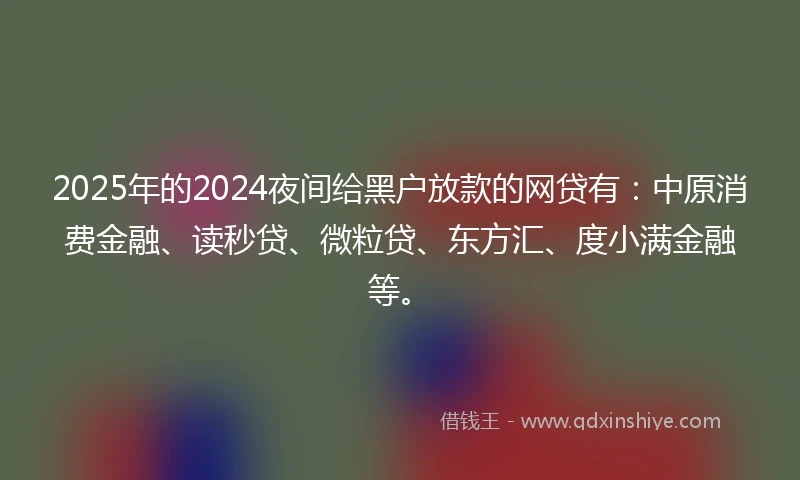 2025年的2024夜间给黑户放款的网贷有：中原消费金融、读秒贷、微粒贷、东方汇、度小满金融等。