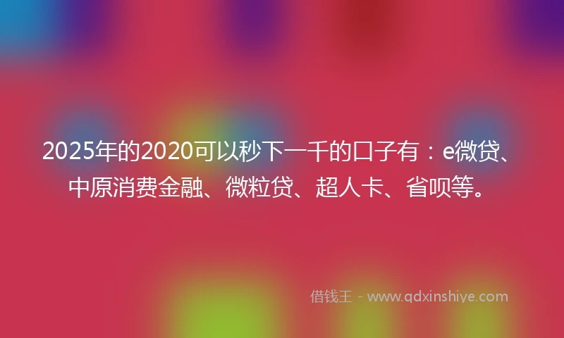 2025年的2020可以秒下一千的口子有：e微贷、中原消费金融、微粒贷、超人卡、省呗等。