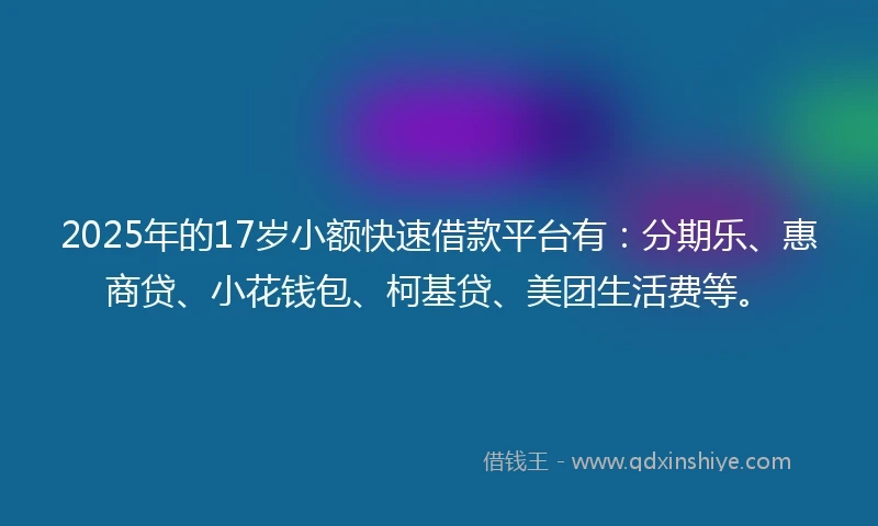 2025年的17岁小额快速借款平台有：分期乐、惠商贷、小花钱包、柯基贷、美团生活费等。