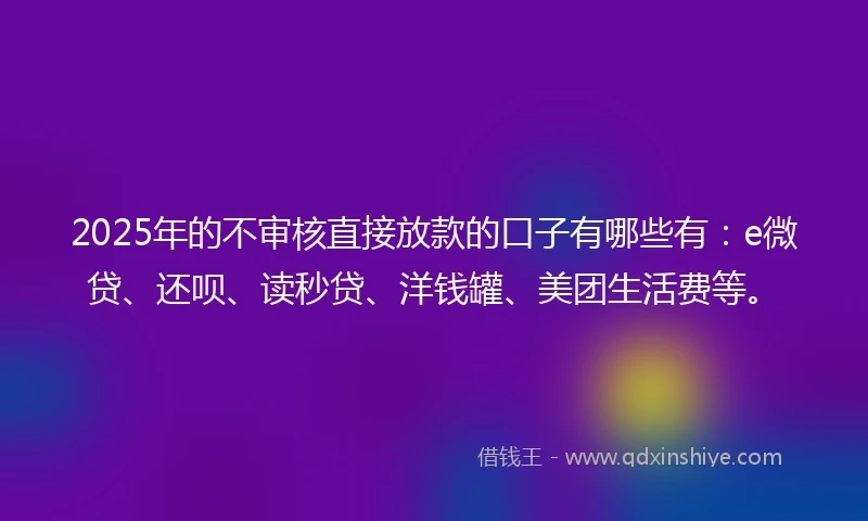 2025年的不审核直接放款的口子有哪些有：e微贷、还呗、读秒贷、洋钱罐、美团生活费等。