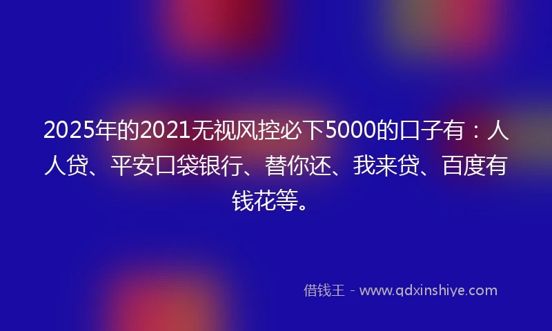 2025年的2021无视风控必下5000的口子有：人人贷、平安口袋银行、替你还、我来贷、百度有钱花等。