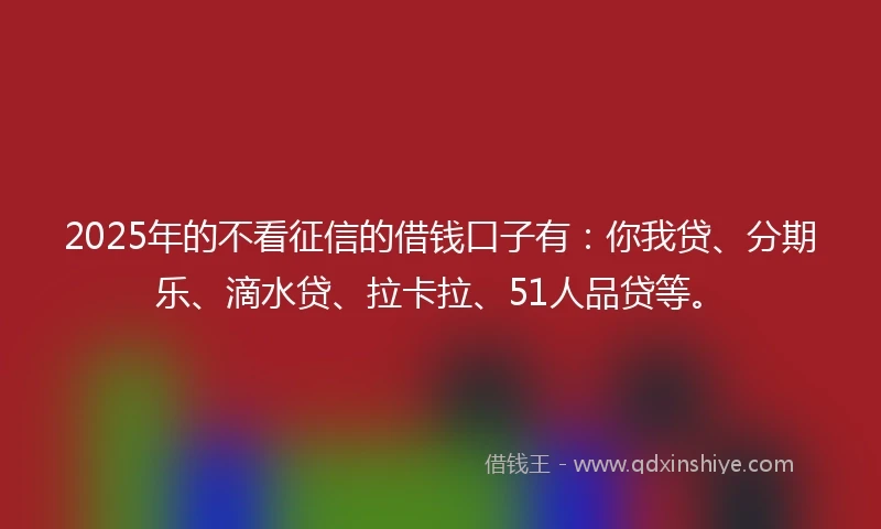 2025年的不看征信的借钱口子有：你我贷、分期乐、滴水贷、拉卡拉、51人品贷等。