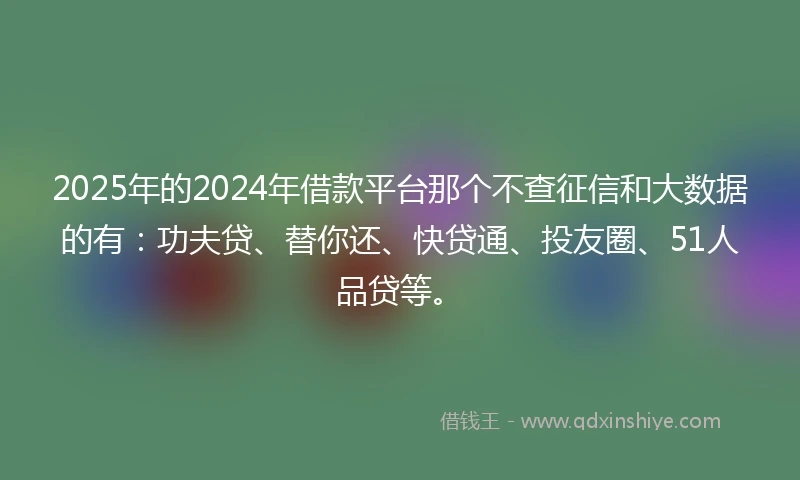 2025年的2024年借款平台那个不查征信和大数据的有：功夫贷、替你还、快贷通、投友圈、51人品贷等。