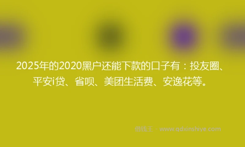 2025年的2020黑户还能下款的口子有：投友圈、平安i贷、省呗、美团生活费、安逸花等。