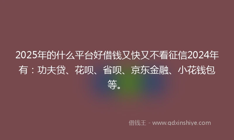 2025年的什么平台好借钱又快又不看征信2024年有：功夫贷、花呗、省呗、京东金融、小花钱包等。