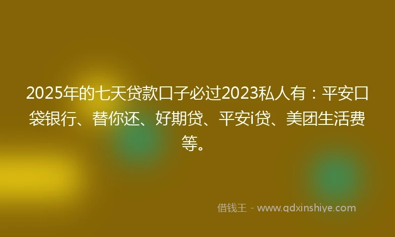 2025年的七天贷款口子必过2023私人有：平安口袋银行、替你还、好期贷、平安i贷、美团生活费等。