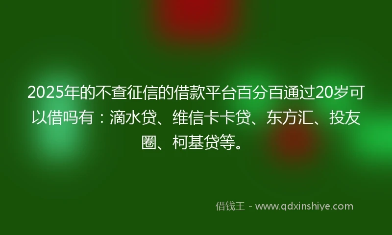 2025年的不查征信的借款平台百分百通过20岁可以借吗有：滴水贷、维信卡卡贷、东方汇、投友圈、柯基贷等。