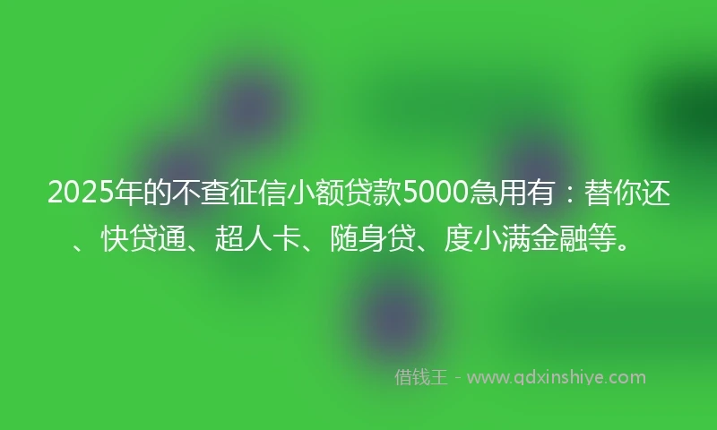2025年的不查征信小额贷款5000急用有：替你还、快贷通、超人卡、随身贷、度小满金融等。