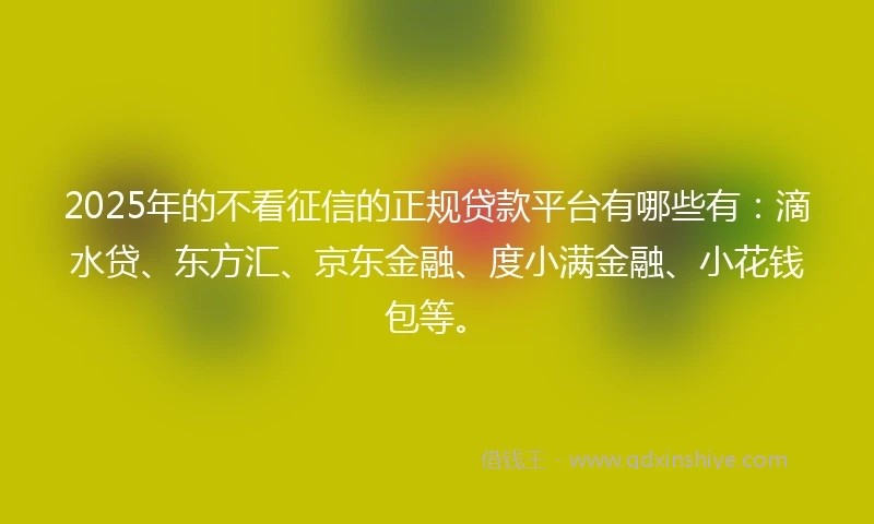 2025年的不看征信的正规贷款平台有哪些有：滴水贷、东方汇、京东金融、度小满金融、小花钱包等。