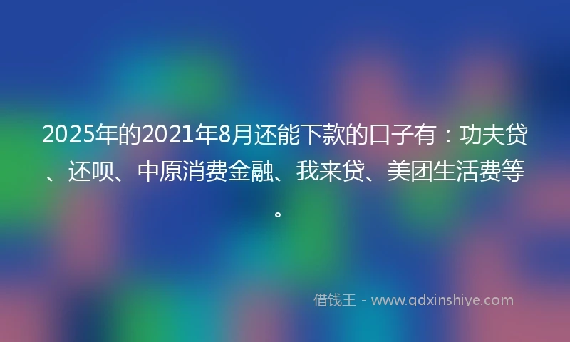 2025年的2021年8月还能下款的口子有：功夫贷、还呗、中原消费金融、我来贷、美团生活费等。