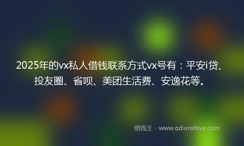 2025年的vx私人借钱联系方式vx号有：平安i贷、投友圈、省呗、美团生活费、安逸花等。