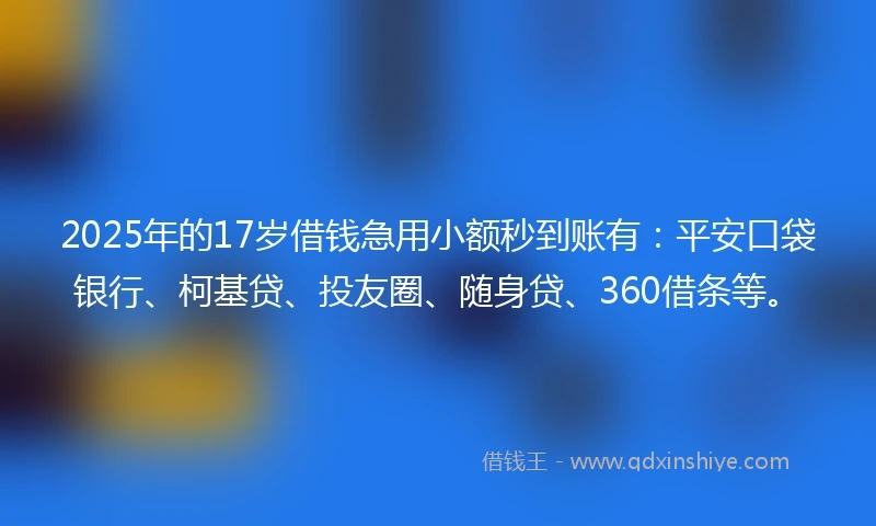 2025年的17岁借钱急用小额秒到账有：平安口袋银行、柯基贷、投友圈、随身贷、360借条等。