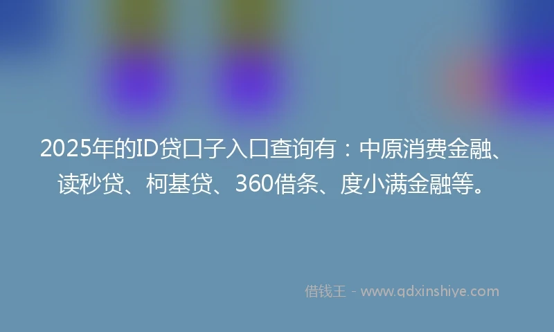 2025年的ID贷口子入口查询有：中原消费金融、读秒贷、柯基贷、360借条、度小满金融等。