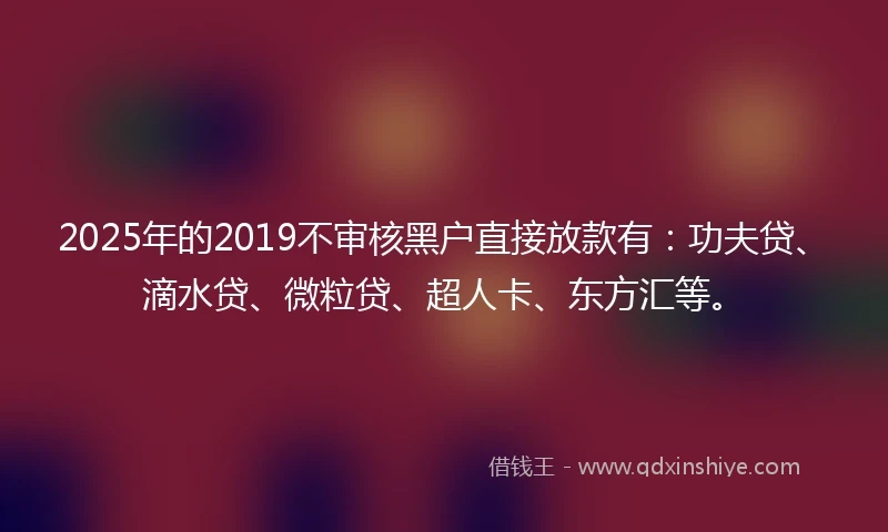 2025年的2019不审核黑户直接放款有：功夫贷、滴水贷、微粒贷、超人卡、东方汇等。