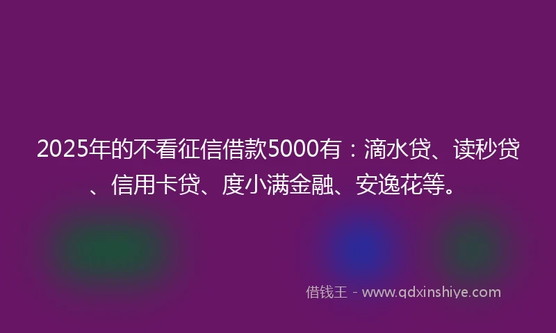 2025年的不看征信借款5000有：滴水贷、读秒贷、信用卡贷、度小满金融、安逸花等。
