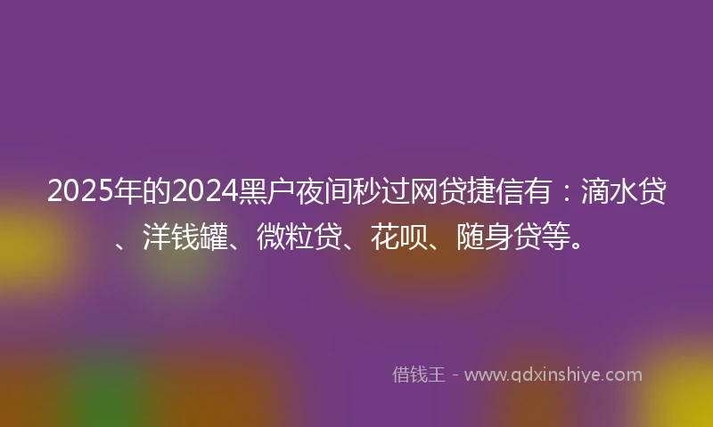2025年的2024黑户夜间秒过网贷捷信有：滴水贷、洋钱罐、微粒贷、花呗、随身贷等。