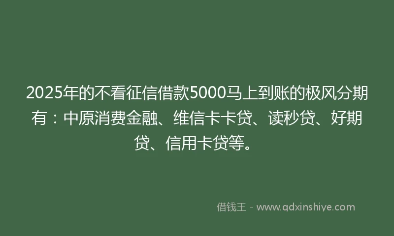 2025年的不看征信借款5000马上到账的极风分期有：中原消费金融、维信卡卡贷、读秒贷、好期贷、信用卡贷等。