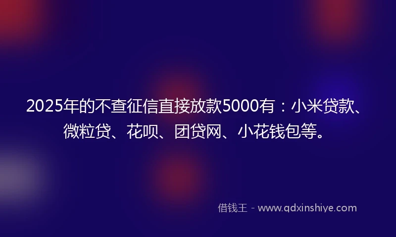 2025年的不查征信直接放款5000有：小米贷款、微粒贷、花呗、团贷网、小花钱包等。