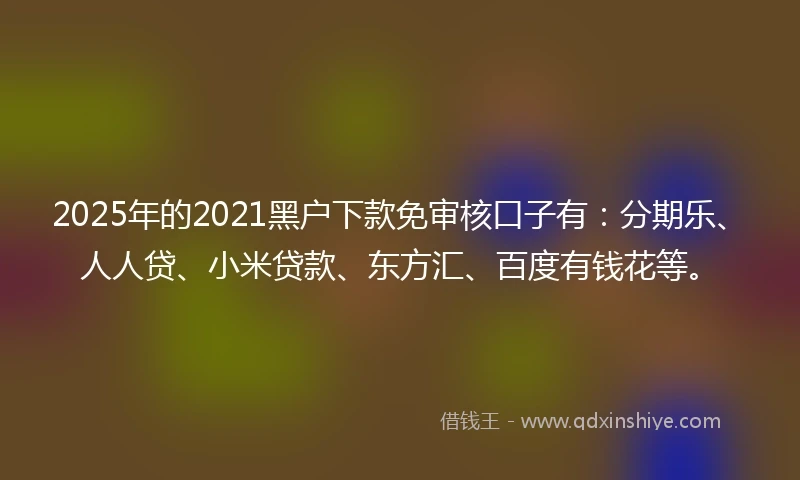 2025年的2021黑户下款免审核口子有：分期乐、人人贷、小米贷款、东方汇、百度有钱花等。