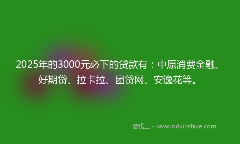 2025年的3000元必下的贷款有：中原消费金融、好期贷、拉卡拉、团贷网、安逸花等。
