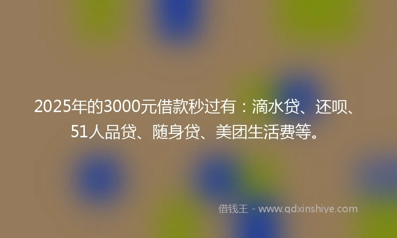 2025年的3000元借款秒过有：滴水贷、还呗、51人品贷、随身贷、美团生活费等。