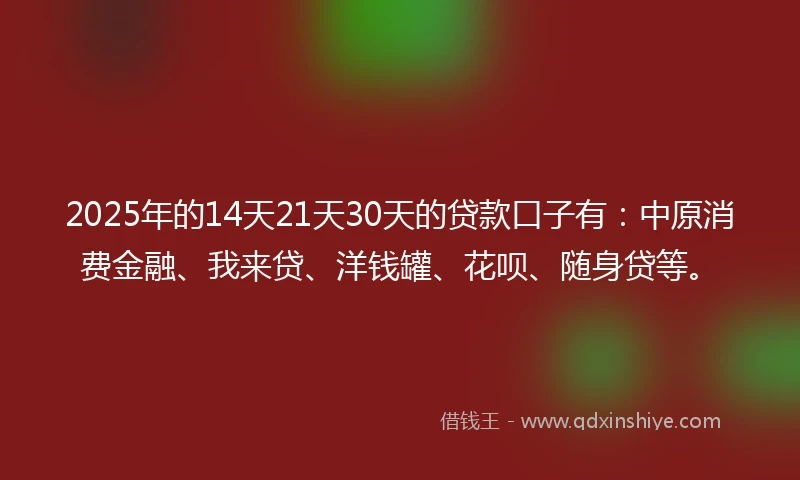 2025年的14天21天30天的贷款口子有：中原消费金融、我来贷、洋钱罐、花呗、随身贷等。