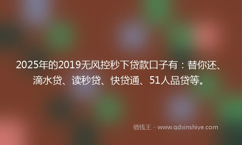 2025年的2019无风控秒下贷款口子有：替你还、滴水贷、读秒贷、快贷通、51人品贷等。