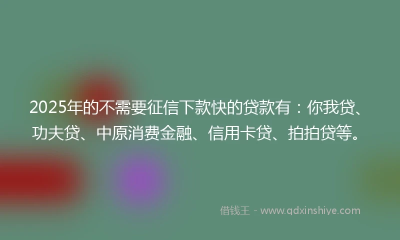 2025年的不需要征信下款快的贷款有：你我贷、功夫贷、中原消费金融、信用卡贷、拍拍贷等。