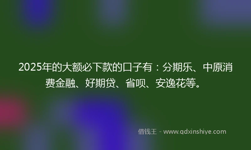 2025年的大额必下款的口子有：分期乐、中原消费金融、好期贷、省呗、安逸花等。