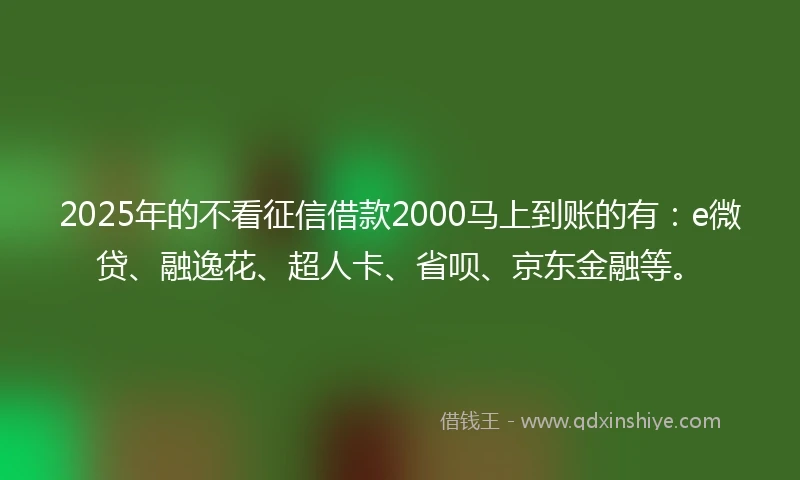 2025年的不看征信借款2000马上到账的有：e微贷、融逸花、超人卡、省呗、京东金融等。