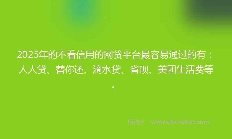2025年的不看信用的网贷平台最容易通过的有：人人贷、替你还、滴水贷、省呗、美团生活费等。